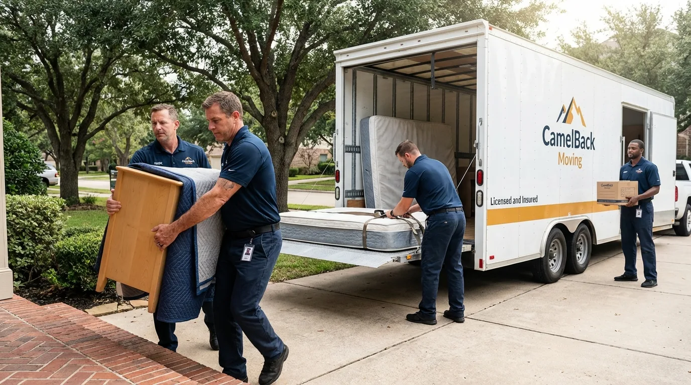 Crew loading residential truck for cross-state move from McAllen, TX