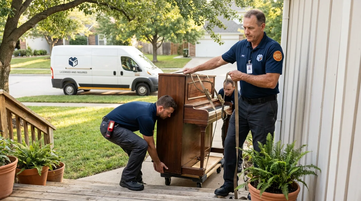 Licensed piano movers securing grand piano in McAllen, TX
