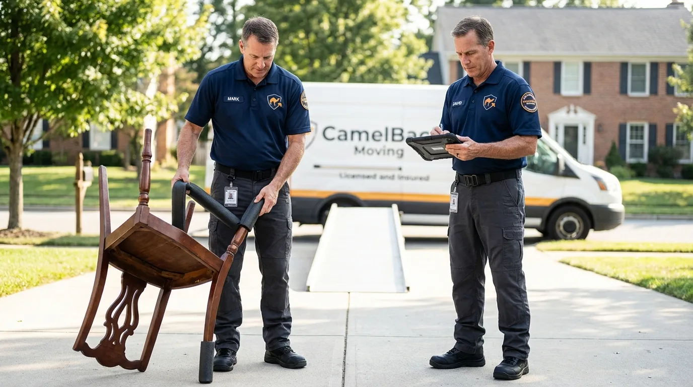 Movers inspecting furniture for damage prevention before loading in McAllen, TX