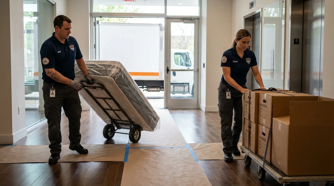 Professional apartment movers loading elevator in McAllen, TX